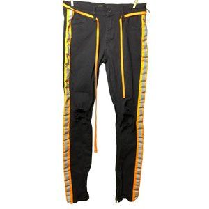 KDNK Men's Sz 32 Stretch Destroyed Knee, Ankle Zip, Black w/Orange Stripe & Draw